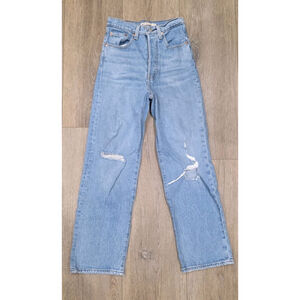 Levis Jeans Women 24 High-Rise Ribcage Straight Ankle Button Fly Destroyed 24x26